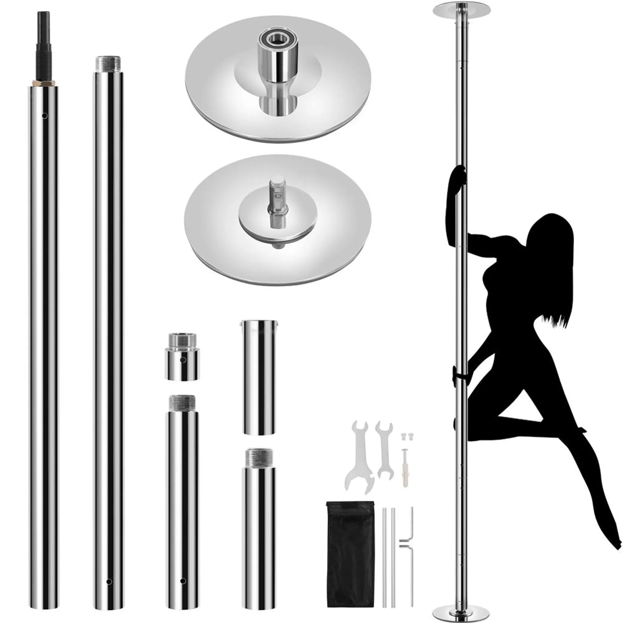 Yaheetech Dance Pole With Ceiling Mount - Equipped With Static And Rotating Stand And 2 Extension Rods And Rubber Anti-slip Profile - For Home Use And Fitness - Silver Chromed Metal - 23 x 23 x 225-274.5 cm