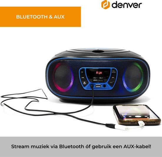 Denver Portable Radio CD Player Kids - Bluetooth - Light Effects - Boombox - AUX - FM - TCL212BT - Blue