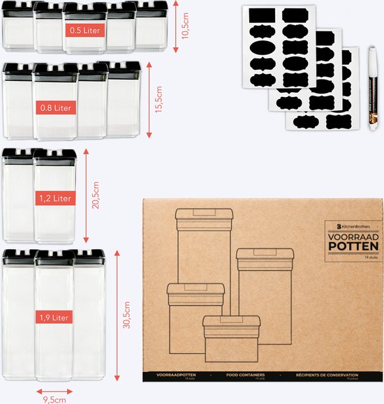KitchenBrothers Bocaux - 14 pièces - hermétique - étiquettes réinscriptibles - plastique