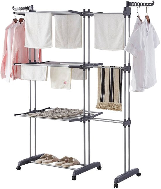Vonia Tour de séchage - Étagère de séchage - Étagère de linge - Tour de séchage double - 3 couches - Pliable - 150 x 50 x 171 cm - Gris