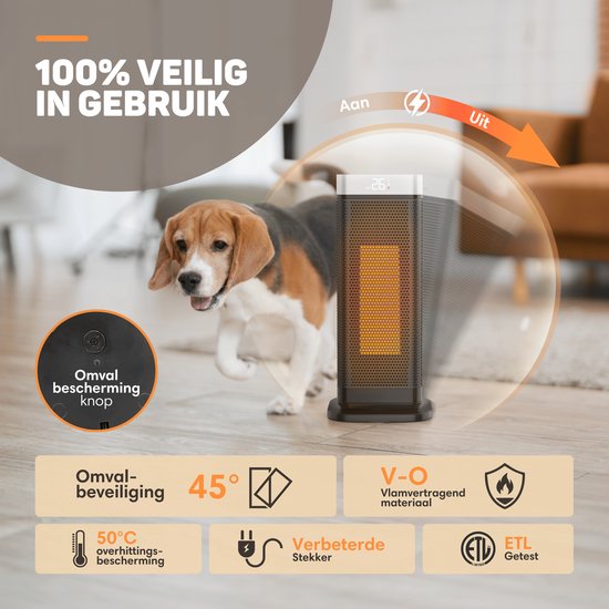 Vulpes Goods® Tech - Réchaud électrique - Réchaud à ventilateur - Réchaud en céramique - 4 niveaux - 2000W - Minuterie, télécommande et thermostat - Chauffage - Chauffage électrique pour l'intérieur - Noir