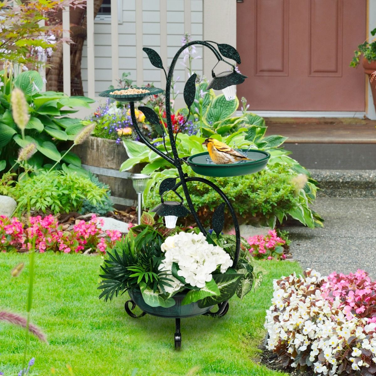 Bain d'oiseaux et mangeoire Coast à énergie solaire - 83 cm - avec porte-fleurs et éclairage LED - bronze