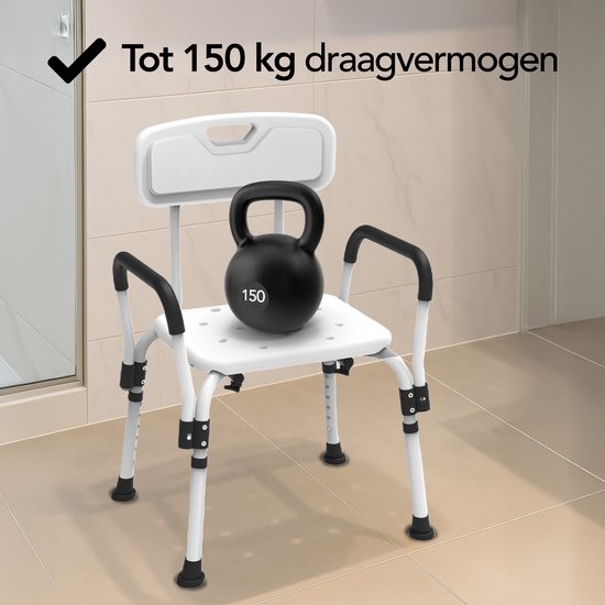 Chaise de douche Brixy avec dossier et accoudoirs amovibles - Antidérapante - Hauteur réglable - Poids max. 150 kg - Tabouret de douche