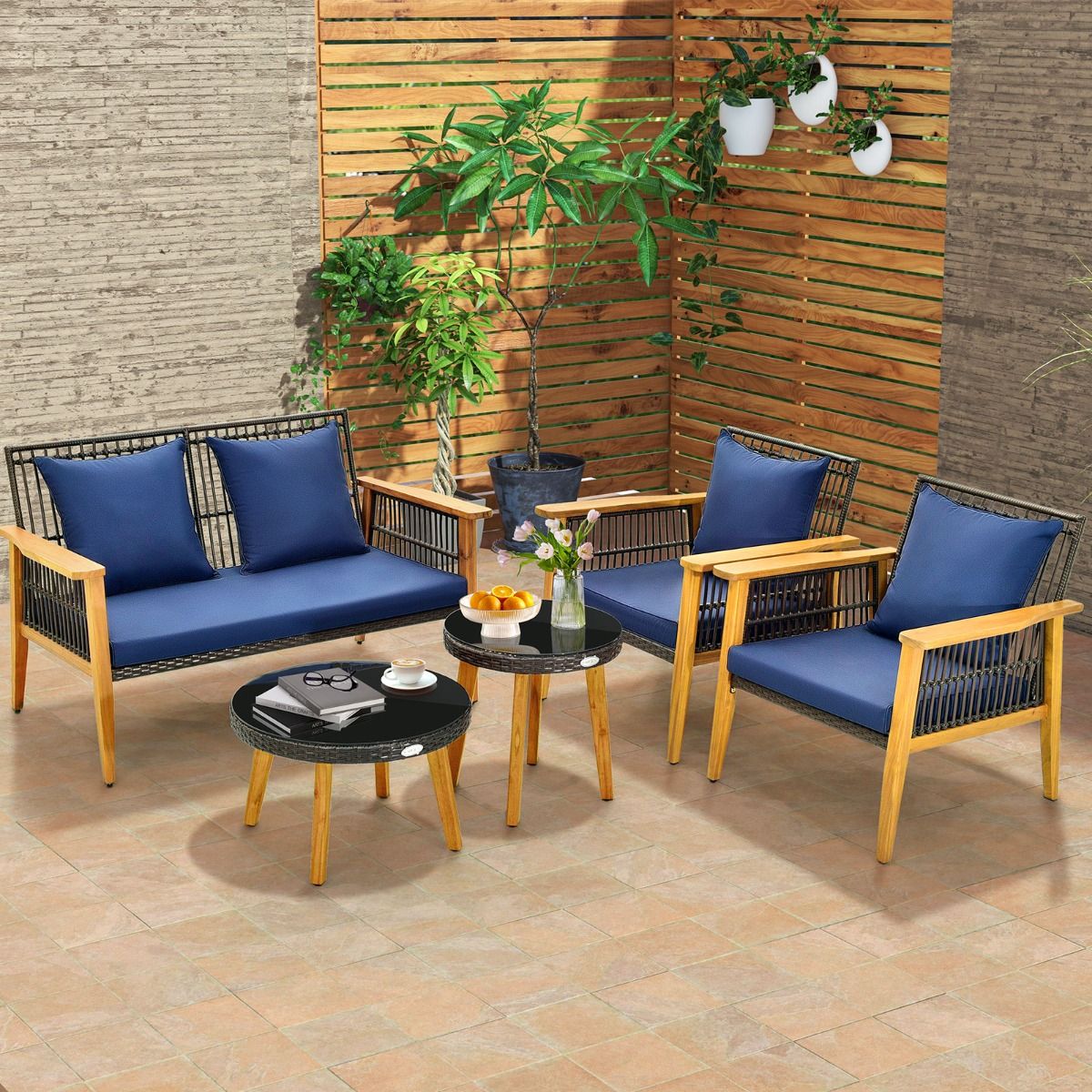 Coast 5-Piece Rattan Outdoor Furniture Set Brown with Navy Blue Cushions - 2 Chairs, Loveseat and 2 Coffee Tables (Chair 75x76x80 cm, Loveseat 132x76x80 cm, Table Ø48 cm & 60x38 cm)