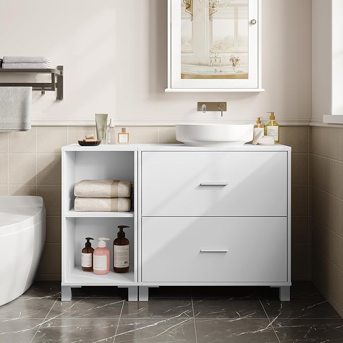 eSituro SBP0098 meuble bas pour lavabo meuble de salle de bain - blanc - 2 grands tiroirs - meuble latéral pouvant être placé à gauche ou à droite