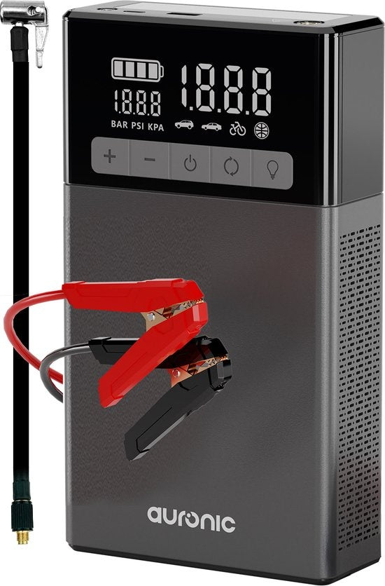 Auronic Jumpstarter - avec compresseur - 12V - 1500A - 16,000 mAh - Aide au démarrage 6-en-1 - Sac de rangement et accessoires inclus - Noir/Gris