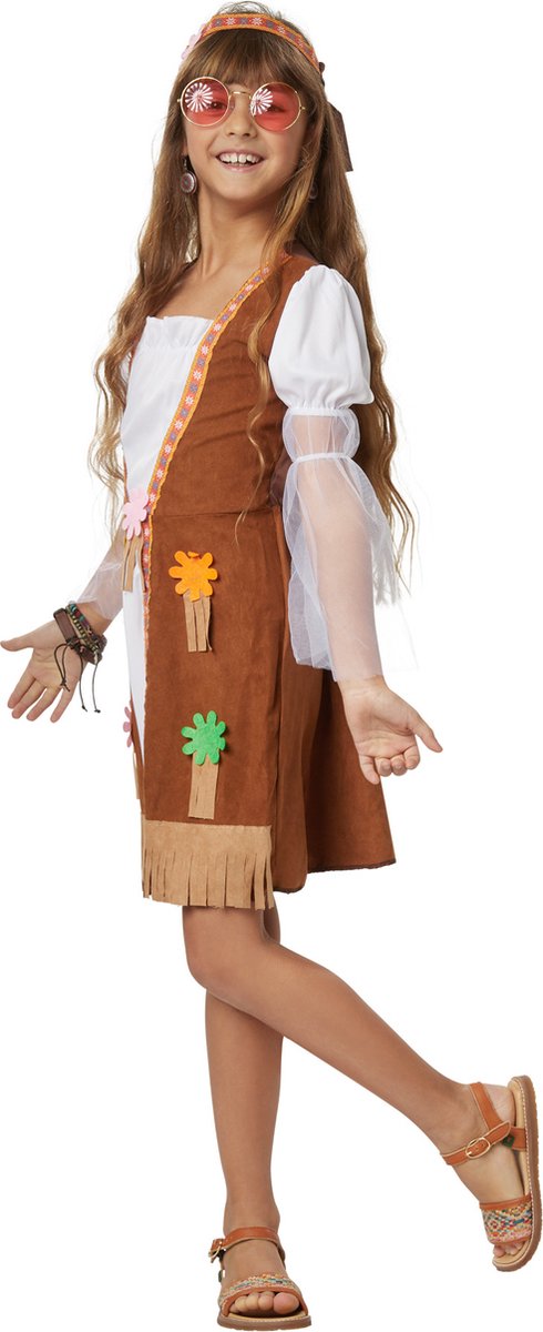 Dressforfun - Groovy Hippie Squaw - Costume de fille avec robe courte, gilet en suédine, franges et bandeau pour le carnaval et la fête - Taille 140 (9-10 ans)