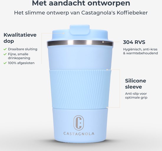 Castagnola Thermos Cup - Coffee Mug To Go - Travel Mug for Coffee and Tea - Tea Mug - 380 ML - stainless steel - Light Blue