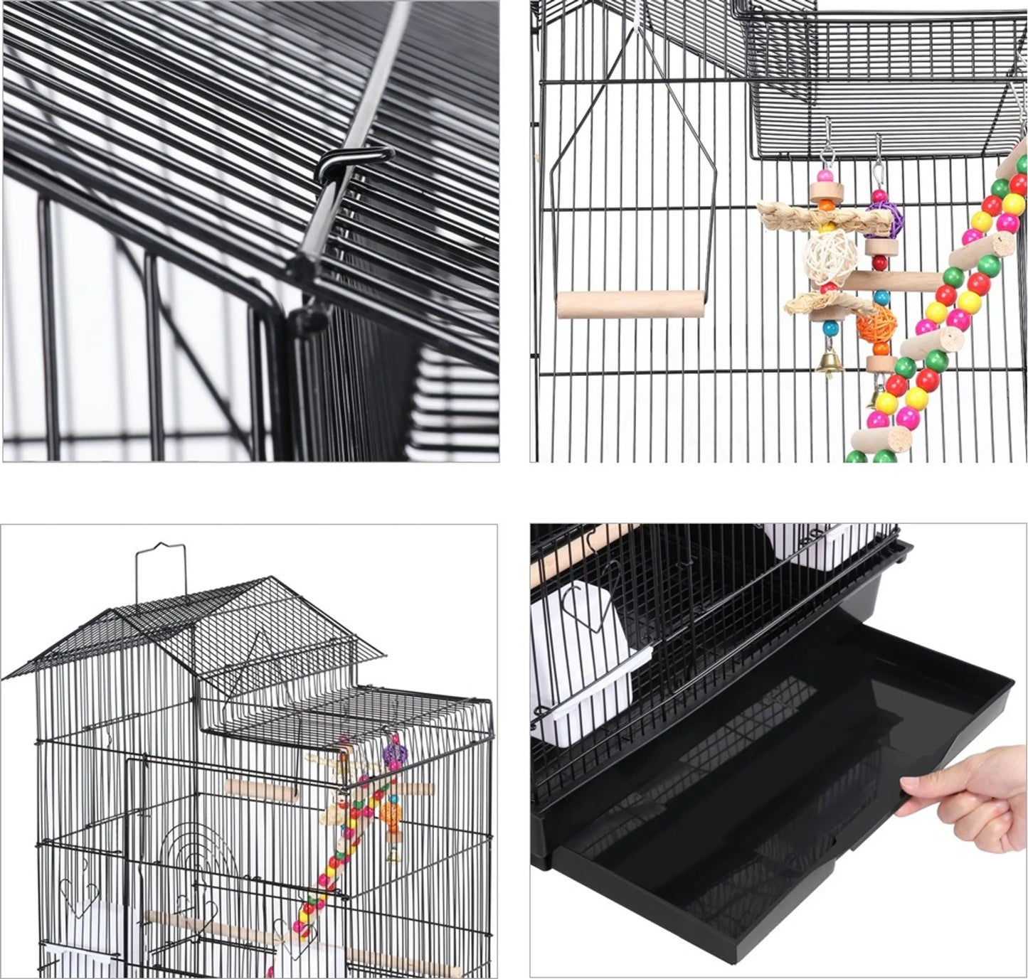 Yaheetech Cage à oiseaux avec aire de jeu - 46 x 35,5 x 99 cm - avec plaque de fond amovible et fermetures en fil de fer et ensemble complet d'accessoires - pour perruches et canaris - métal noir et bois