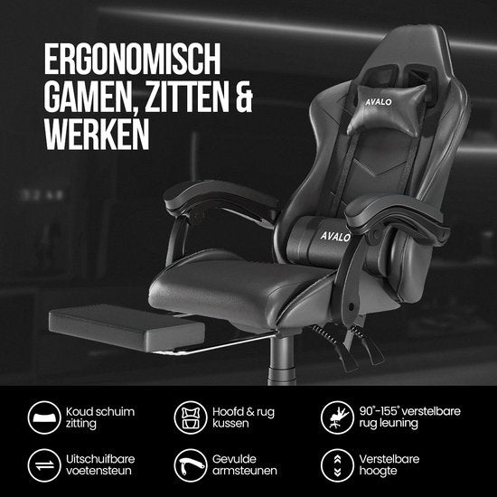 Avalo Gaming Chair - Chaise de jeu - Chaise de bureau ergonomique réglable - Chaise de jeu - Chaise de jeu - Noir