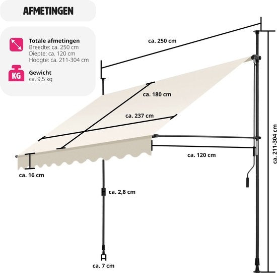 tectake - store à pinces - parasol - réglable - store à pinces - parasol balcon - 250 x 180 cm - beige - store - 404960