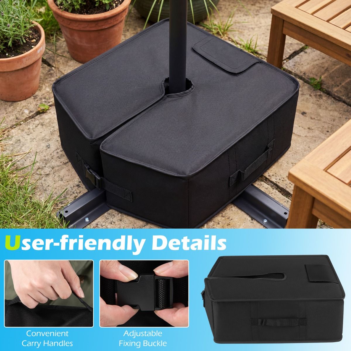 Pied de parasol Coast avec sac de sable - pouvant contenir jusqu'à 40 kg - fermeture réglable - noir