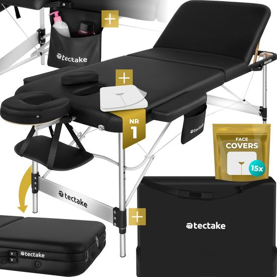 table de massage tectake® 3 Zones - Table de traitement avec sac de transport - matelas de 5 cm d'épaisseur - châssis en aluminium - largeur 78 cm - capacité de charge 230 kg - 15 appuis-tête inclus - noir