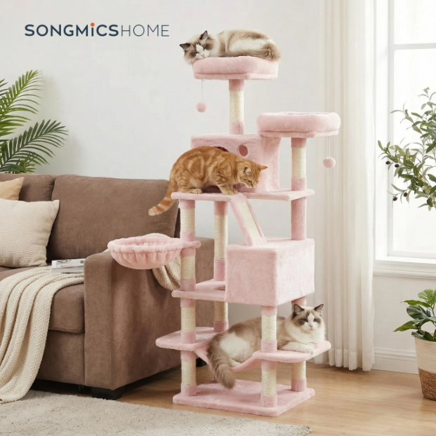 Joyfurnos L Arbre à chat 168 cm - Rose pastel - À plusieurs niveaux avec 13 poteaux à griffer et un hamac
