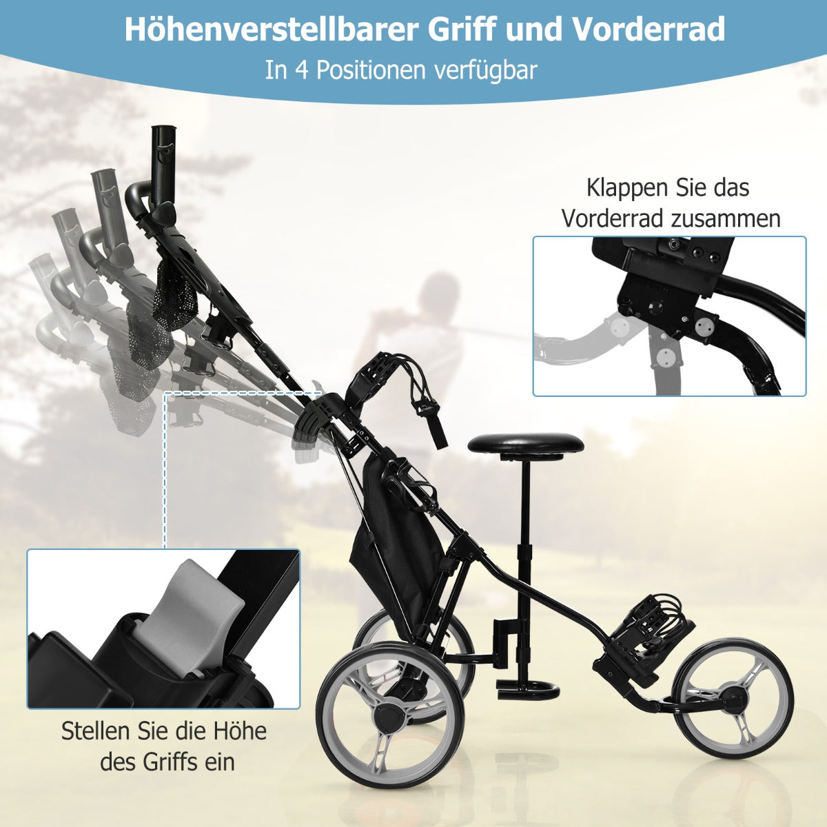 Chariot de golf Coast avec porte-parapluie et chaise - 130 x 75 x 120 cm - gris/noir