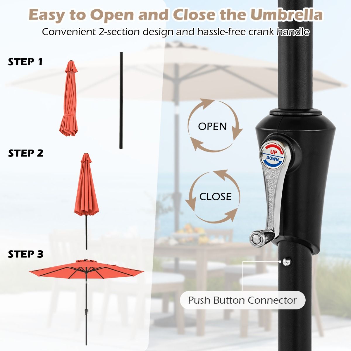 Coast 303x253 cm Parasol de Terrasse Orange - Parasol inclinable avec manivelle et 8 balanciers pour jardin, terrasse et piscine