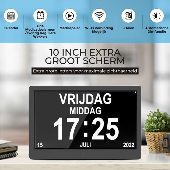 TTD® Dementia Clock XXL 10 pouces avec câble extra long - Horloge calendrier avec jour, date et météo - Affichages analogique et numérique - 20 alarmes et 3 alarmes médicales - Wi-Fi - Pour les personnes âgées, les malvoyants, les seniors et les personnes