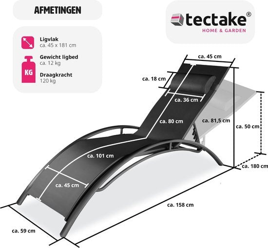 Tectake® Jeu de 2 chaises longues en aluminium - Chaises de jardin résistantes aux intempéries - Dossier réglable - Coussin de tête inclus