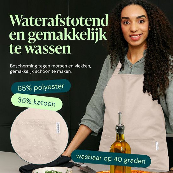 Tablier de cuisine Castagnola - Imperméable et antisalissure - Tablier de cuisine professionnel - Tablier pour femmes et hommes - Tablier de traiteur - Unisexe - Boucle réglable - Compartiments extra-larges - Beige