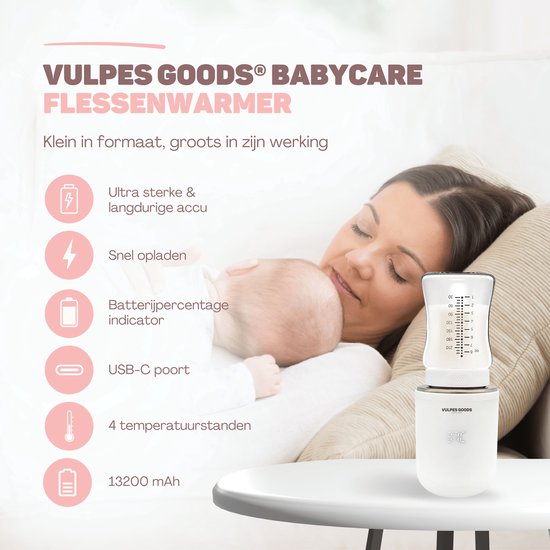 Vulpes Goods® BabyCare - Chauffe-biberon Pro - Chauffe-biberon portable pour les voyages - Chauffe-biberon intelligent - 4 niveaux de température - sans fil - 6 adaptateurs inclus - rechargeable par USB - 13 200 mAh - blanc