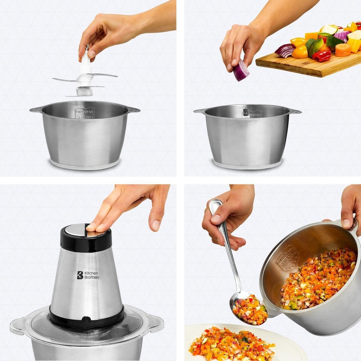 KitchenBrothers Hachoir électrique - 2 vitesses - 300 W - 1.8 L - Bol en acier inoxydable