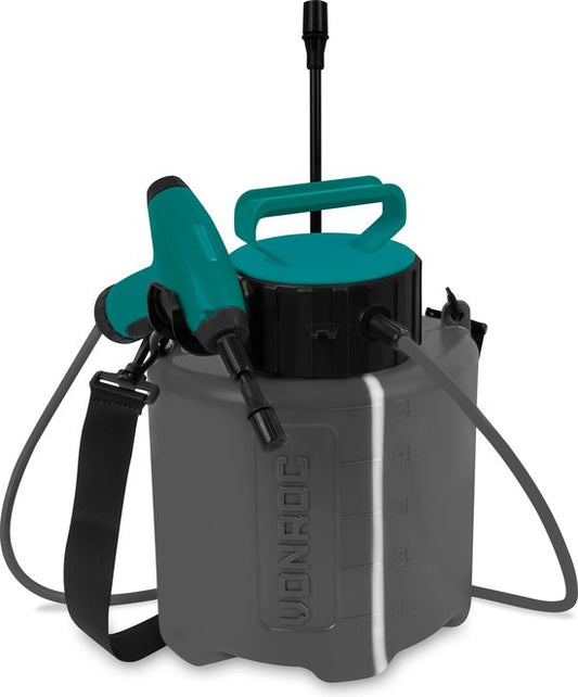 VONROC Pulvérisateur à pression Accu 5 litres - Fini le pompage manuel - Confortable à transporter - 2 lances de pulvérisation, bandoulière et câble de chargement USB inclus