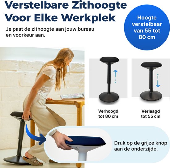 Backerz Wobble Stool - Chaise ergonomique oscillante hauteur 55-80cm - Tabouret d'équilibre - Tabouret selle bleu
