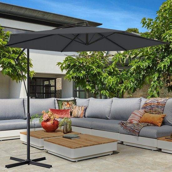 LifeGoods Parasol flottant - jusqu'à 8 personnes - Ø300cm - imperméable - avec housse et base en croix - jardin ou plage - Gris foncé