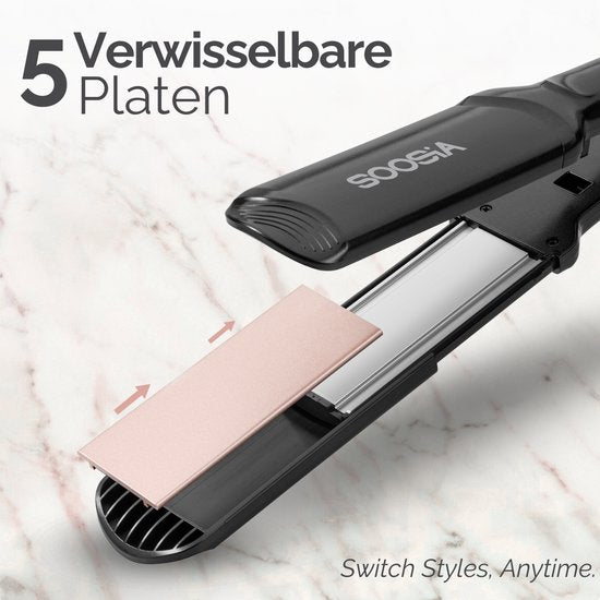 Soosia 5-in-1 Switch Styler - Lisseur, gaufrier, fer à vagues et fer à boucler - Plaques en céramique de 3,5 cm - Or rose