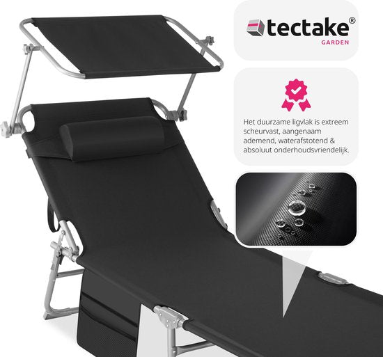 Chaise longue Tectake avec poche latérale et coussin de tête amovible - réglable - pliable - 68 x 190 x 28 cm - noir
