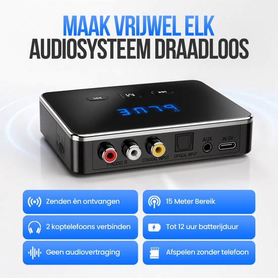 Adaptateur 3-en-1 Strex avec émetteur et récepteur Bluetooth - Émetteur et récepteur audio Bluetooth - Bluetooth 6.0 - AUX/RCA/optique - Sans fil - Portée de 15 mètres