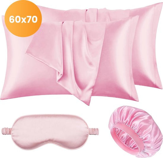 Ensemble de taies d'oreiller en satin - bonnet et masque de sommeil inclus - 60x70 cm - Bonnet de nuit - Boucles - Satin - Moerbij - Soie - Beauté - Soie - Douce - Satin rose - Soft & Silky