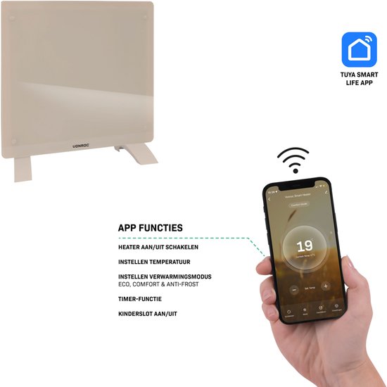 VONROC Chauffage électrique de luxe - Convecteur avec panneau en verre - 500W/1000W - Chauffe les pièces jusqu'à 12m2 - Contrôlé par l'application (via Wifi) et manuellement - Thermostat et minuterie réglables - Beige