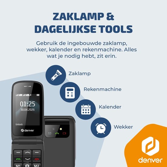Téléphone portable Denver pour seniors 4G - Grandes touches - Bouton SOS - Grandir sans smartphone - Station de recharge - GSM - Bluetooth - Radio FM - Entièrement en néerlandais et en français - Modèle 2026 - BAS24800L