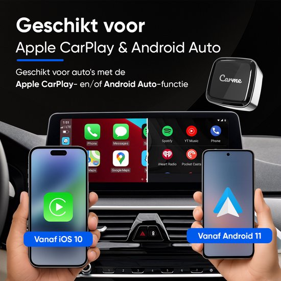 CarMe Ultra Mini 2-in-1 CarPlay Dongle - Wireless CarPlay & Android Auto - USB-A & USB-C - Android Auto Dongle - Silver