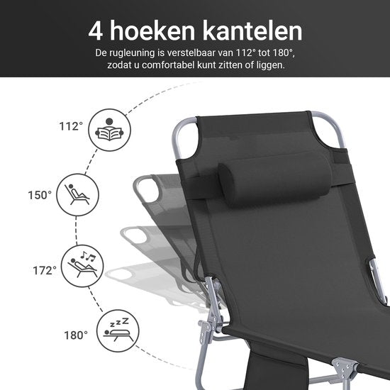 Chaise longue pliable SoBuy, chaise longue de jardin réglable avec appui-tête et sac de rangement, chaise de détente ergonomique pour l'extérieur, le jardin, le balcon et la terrasse, noire, OGS35-SCH