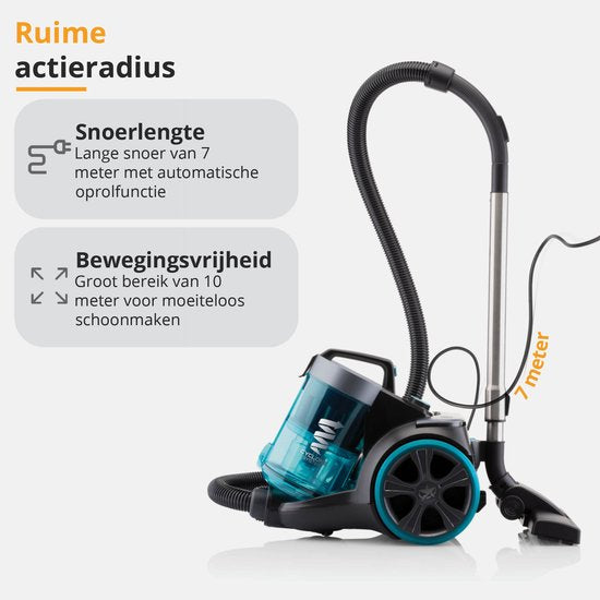 Aspirateur sans sac ETA Stellar avec moteur ECO et accessoires - 1,5 litre - portée 10 mètres - double filtre HEPA 10 et 12 - noir/bleu