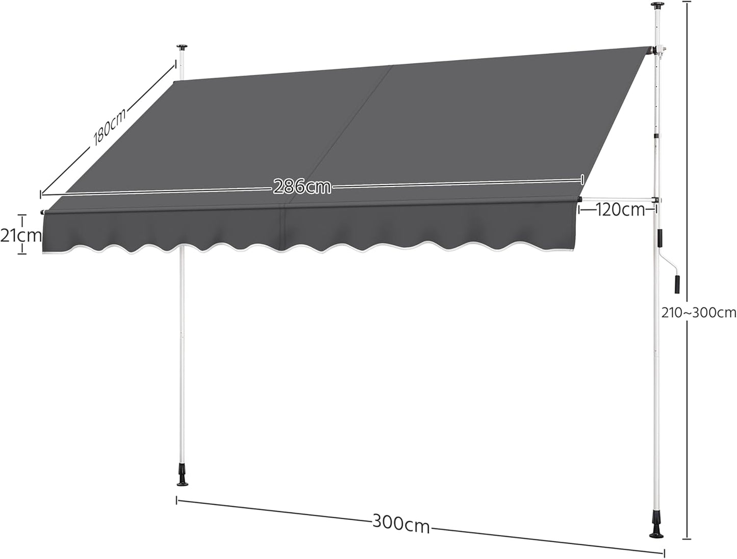 Yaheetech : store pare-soleil avec armature télescopique et manivelle - 300 x 120 cm - hauteur réglable de 210 à 300 cm - résistant aux UV - gris