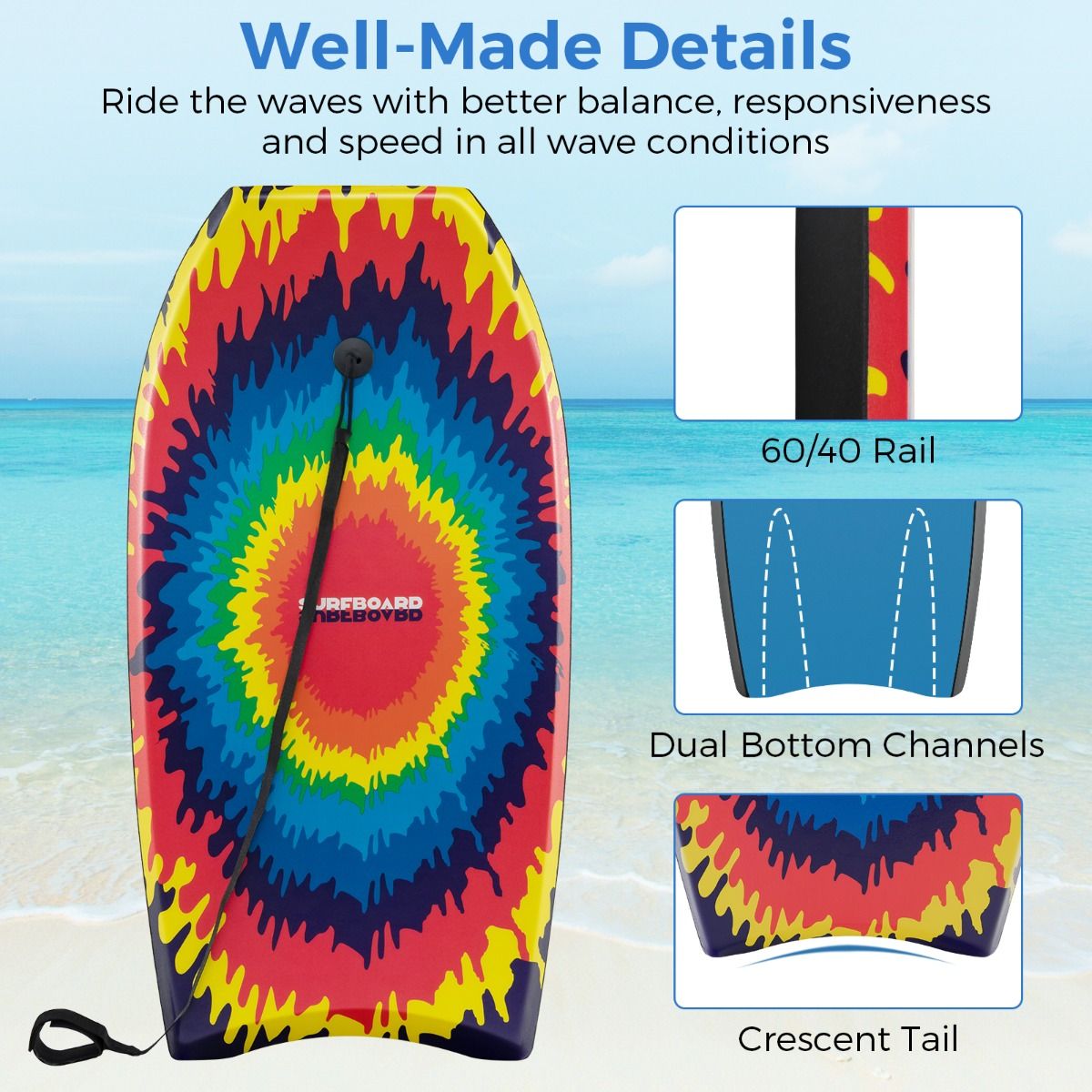 Bodyboard Coast - léger - dos en forme de demi-lune - avec dragonne - 104 cm