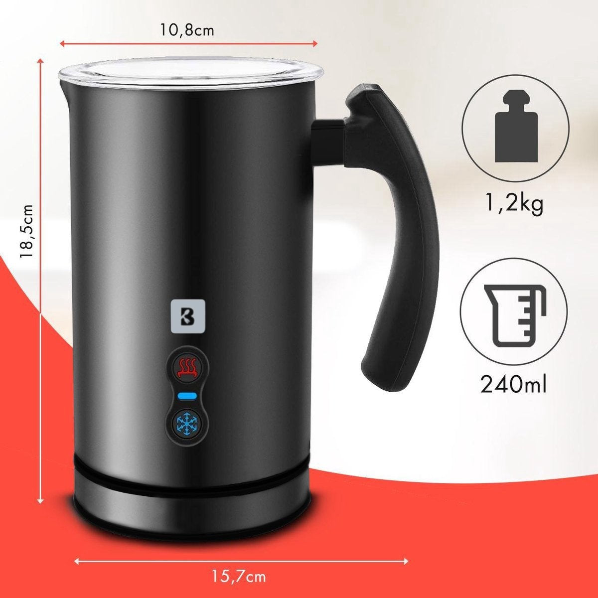 KitchenBrothers Mousseur à lait électrique - Pour Cappuccino et Latte -3 en 1 : mousse chaude ou froide, chauffage - 240 ML - Noir