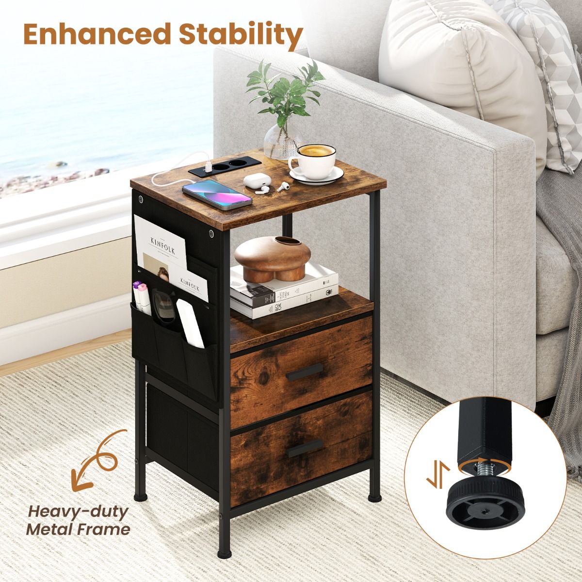 Ensemble de tables d'appoint Coast 2 pièces - avec station de recharge et éclairage LED - 2 tiroirs en tissu et 6 compartiments latéraux - marron rustique