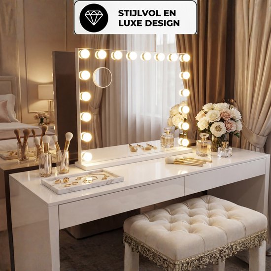 Miroir Bayt Hollywood - Miroir de maquillage - Miroir - Miroir Hollywood 80 x 60 - Intensité réglable - Grossissement 10x - Avec éclairage et Bluetooth - Port USB - 80 x 60 - Blanc