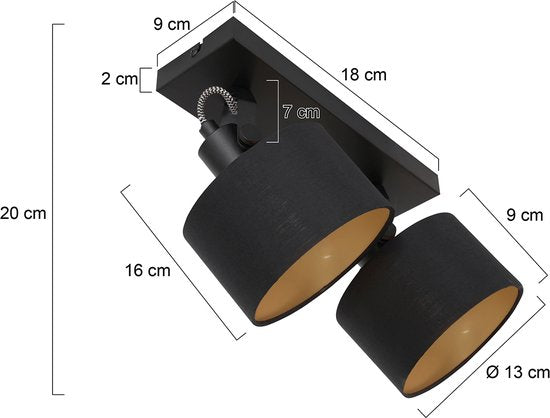 Spot à 2 lumières Ornoir 3334ZW noir avec abat-jours dorés, orientable et inclinable, métal et textile, style moderne, Mexlite, intérieur
