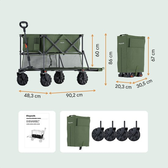 LifeGoods Double Wagon - Wagon pliable - 200KG - 400L - Pliable - Avec housse de protection - Vert