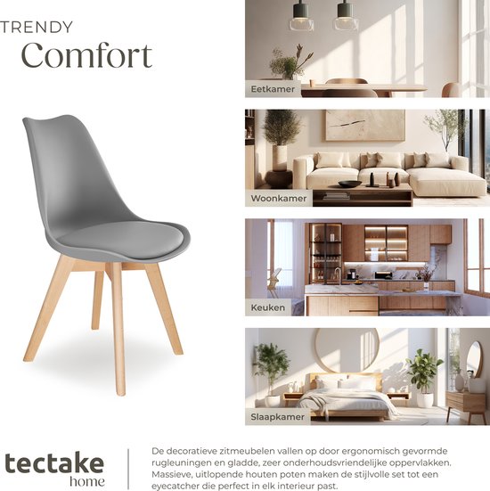 tectake® Chaise de salle à manger Frederikke - Lot de 6 chaises de salle à manger avec assise rembourrée en tissu - Pieds en bois massif - Chaises ergonomiques adaptées au salon, à la salle à manger, à la chambre et à la cuisine - Capacité de charge : 120