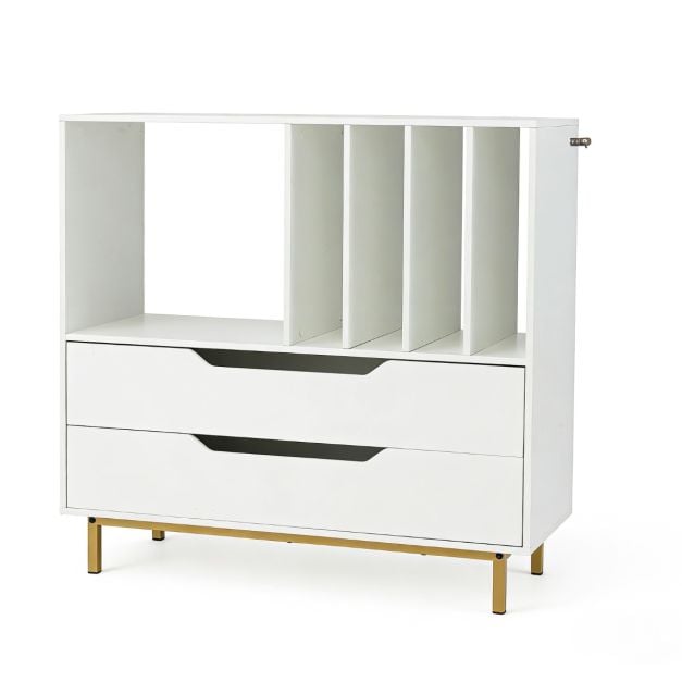 Coast Record Player Furniture White - Meuble rétro en vinyle avec 4 compartiments pour disques et 2 tiroirs - 91 x 36 x 87 cm