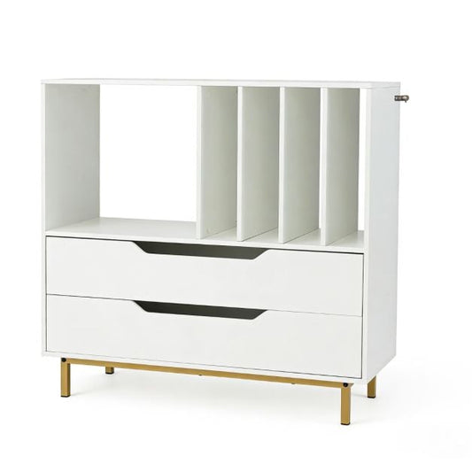 Coast Record Player Furniture White - Meuble rétro en vinyle avec 4 compartiments pour disques et 2 tiroirs - 91 x 36 x 87 cm