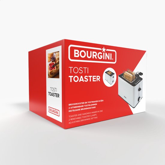 Bourgini Toasti Toaster - Grille-pain avec pinces Toasti - Blanc - Fente extra-large pour 2 sandwichs grillés - Réglage du brunissement et fonction de décongélation