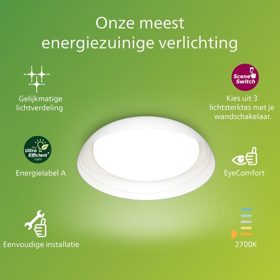 Plafonnier Philips Fleta - Ultra-efficace - Technologie d'éclairage SceneSwitch - 10 W - Lumière blanc chaud - Design blanc - Réduisez vos dépenses énergétiques