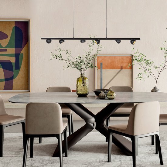 Suspension noire Marcadore, 120 cm de large, 6 lampes avec réflecteurs orientables, réglable en hauteur, de la marque Steinhauer, en plastique et métal, style rétro moderne, pour usage intérieur